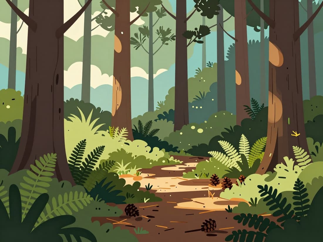 Illustration of a forest floor of ferns, pine needles and pine cones, with sunlight falling between pine trunks.