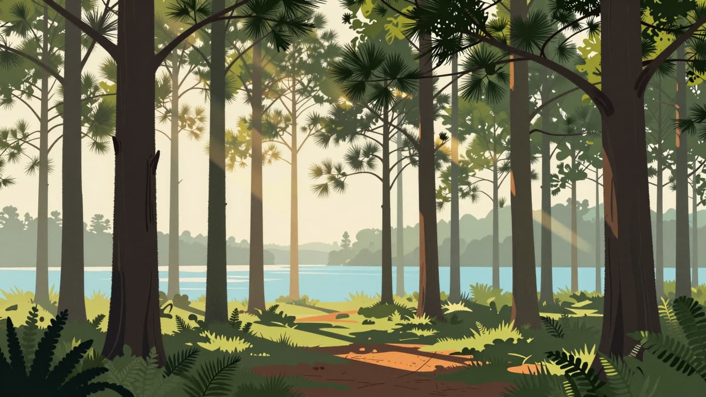 Illustration of tall loblolly pines at dawn, light streaming through the canopy over ferns, with a lake behind the trees.