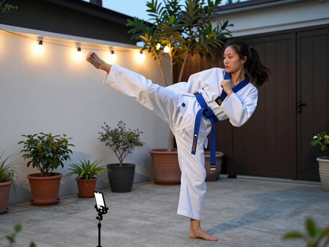An adult in a blue belt kicks on a backyard patio at dusk, with a phone on a small stand filming her