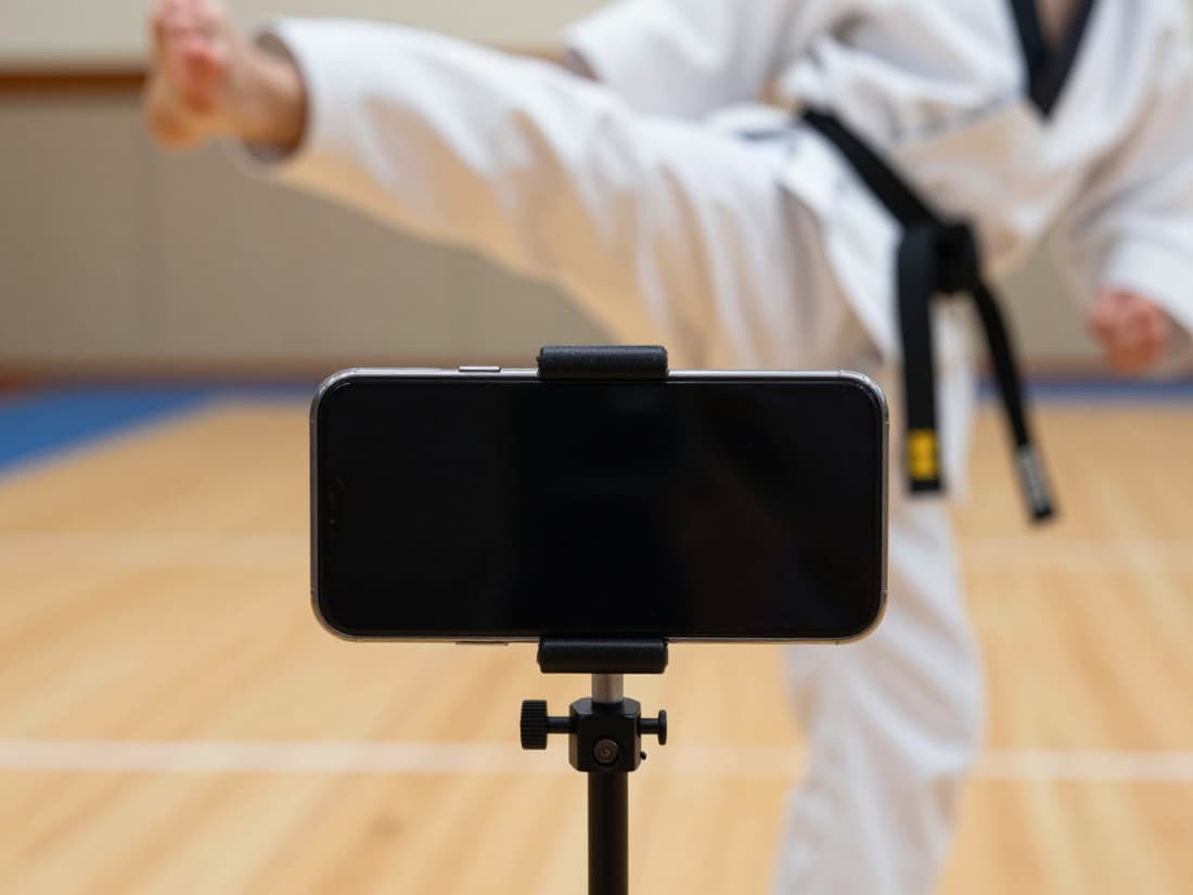 A phone on a tripod in a training hall, with a student in a white uniform and black belt kicking behind it