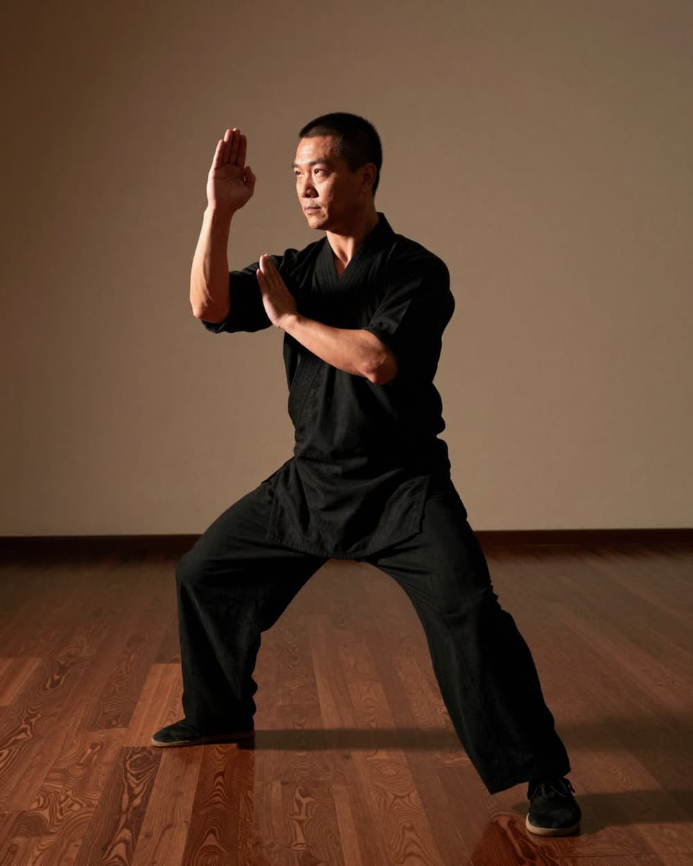 An adult in black practice clothes holds a wing chun guard